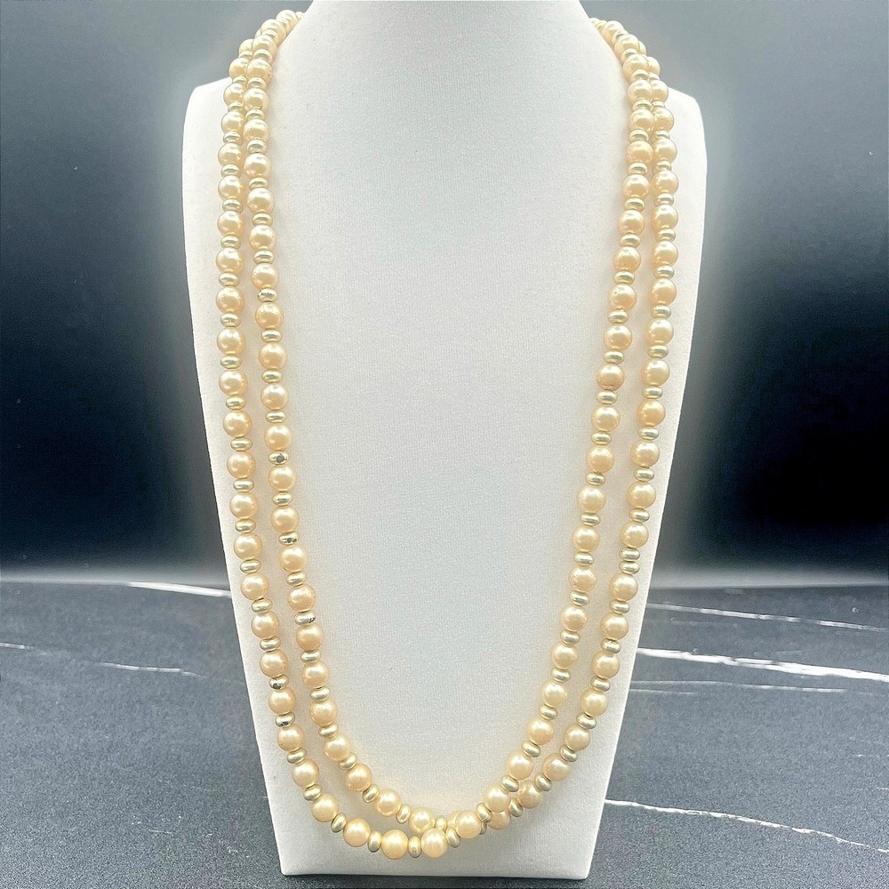Vintage Light Gold Pearl Gold Tone Spacer Beads Necklace Double Strand Jewellery